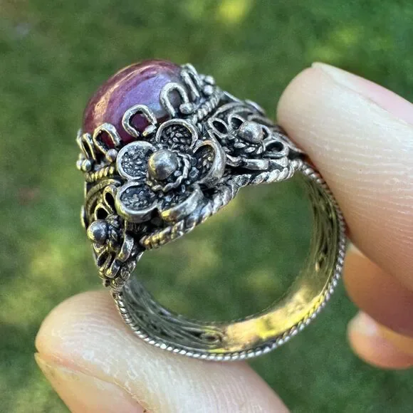 Vintage Sterling Silver Filigree Ring Size 8.5 DGS 925 Turkey Ruby Zoisite Cab